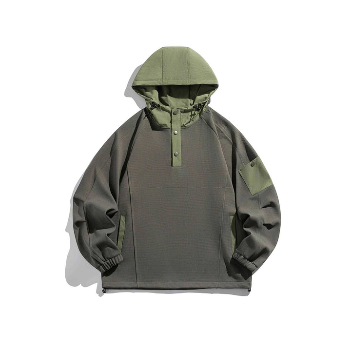 Unisex Oversize Kapuzen-Anorak-Pullover mit halber Druckknopfleiste, Utility-Ärmeltasche und Thermostruktur Echoarchiv