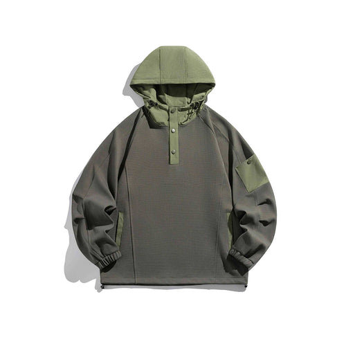 Unisex Oversize Kapuzen-Anorak-Pullover mit halber Druckknopfleiste, Utility-Ärmeltasche und Thermostruktur Echoarchiv
