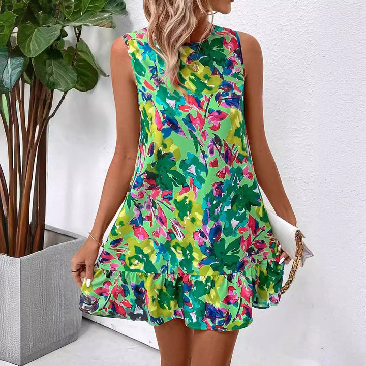 Damen nan luftiges A-Linien-Minikleid mit Rundhalsausschnitt und Volant-Saum Echo Archiv