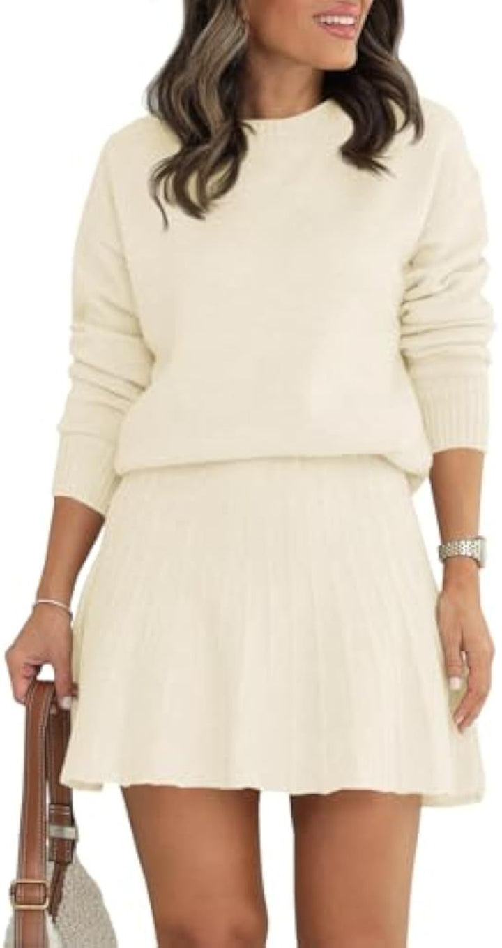 Damen Zweiteiliges Strick-Set mit Rundhals-Pullover und Plissée-Minirock – Élanora