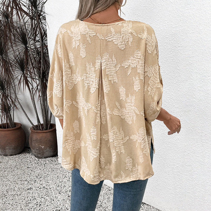 Damen leichte Oversize V-Neck Bluse mit strukturiertem Jacquardmuster und krempelbaren Ärmeln Echoarchiv