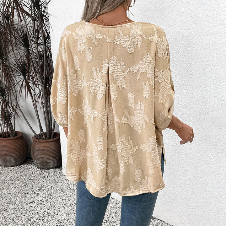 Damen leichte Oversize V-Neck Bluse mit strukturiertem Jacquardmuster und krempelbaren Ärmeln Echoarchiv