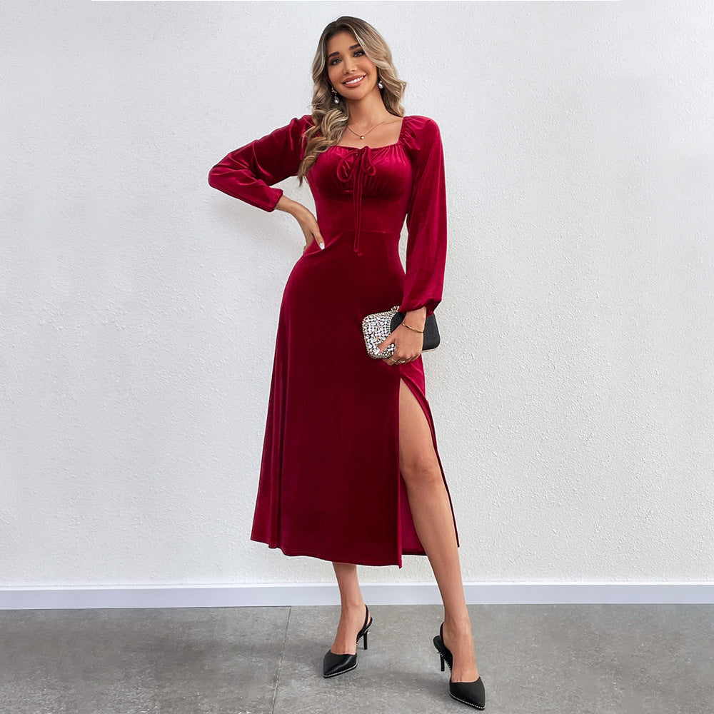 Damen elegantes Samt-Midikleid mit Binddetail am Bustier, taillierter Schnitt und seitlichem Oberschenkelschlitz – Élara