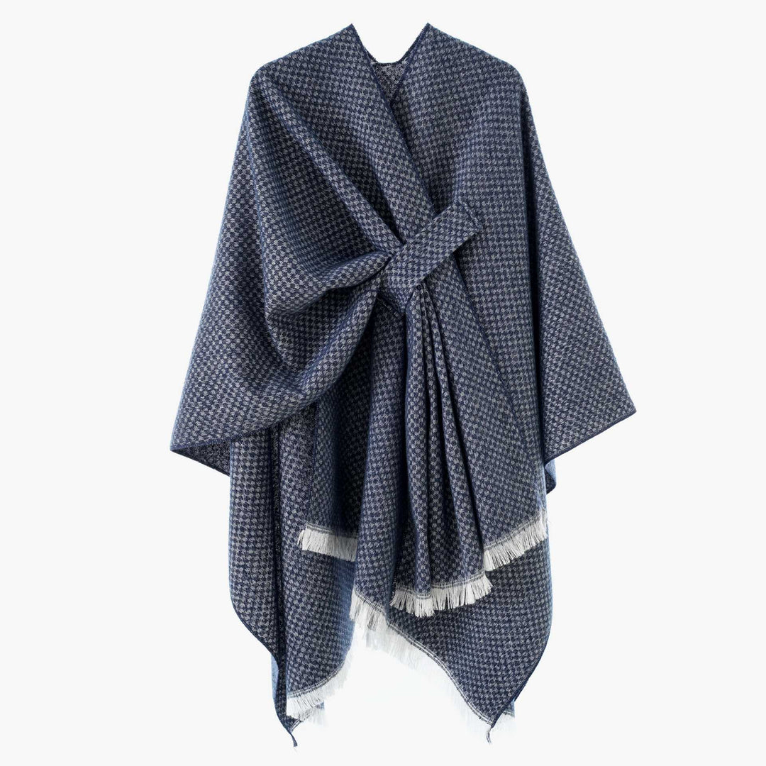 Damen Kastenförmiger Wickelponcho aus Wollmix mit Hahnentritt und Fransensaum – Avérine