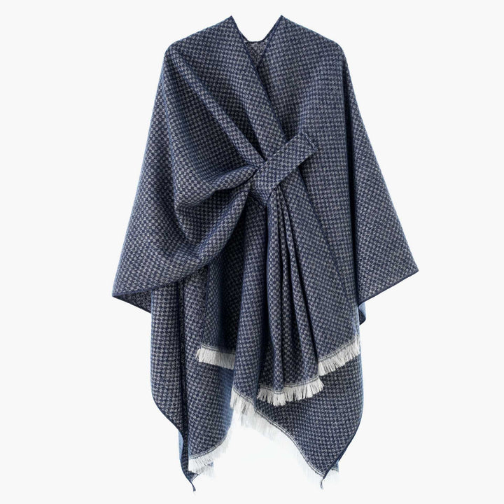 Damen Umlegbarer Wollmix-Poncho mit Hahnentritt-Jacquard und Bindegürtel Echo Archiv