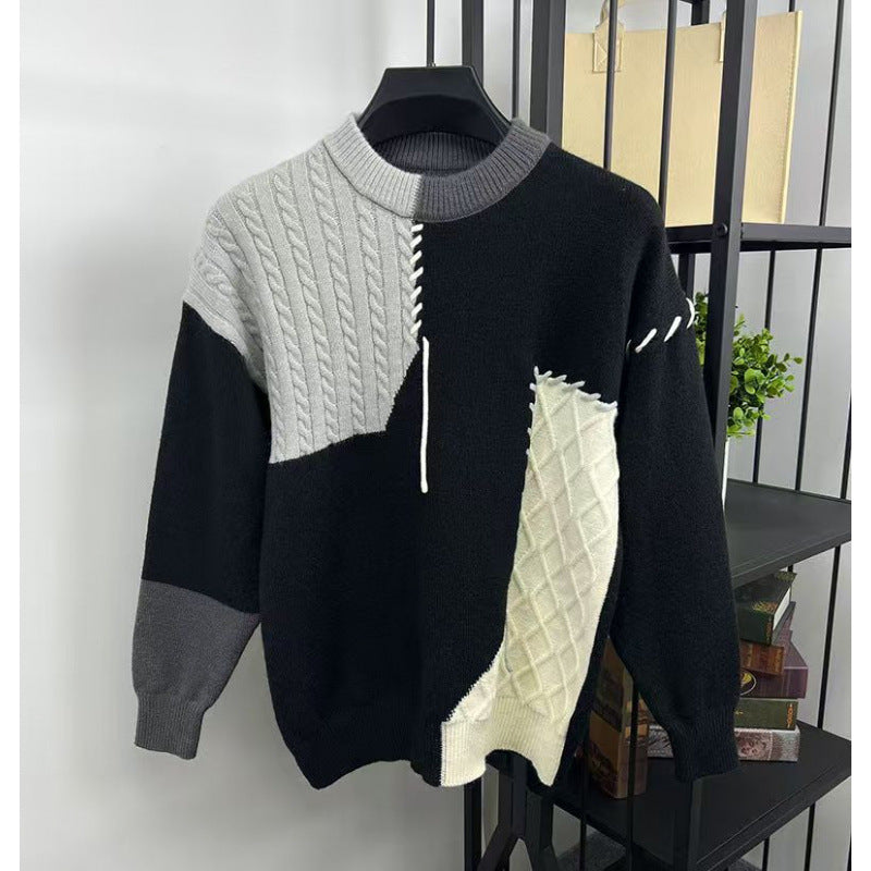 Unisex Patchwork-Oversize-Strickpullover mit Zopf- und Rautenmuster, dekorativen Kontrastnähten und Rundhalsausschnitt Echoarchiv