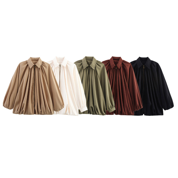 Damen nan oversize geraffte Bluse mit Ballonärmeln und Frontreißverschluss Echo Archiv