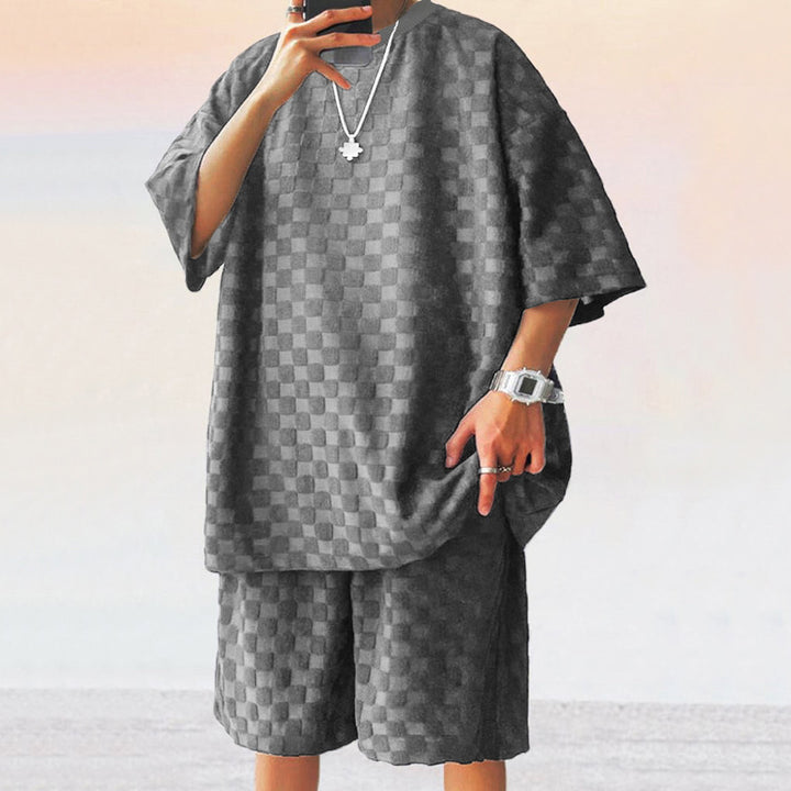 Unisex nan strukturiertes Relief-Set aus wabenartigem Jersey mit übergroßem Shirt und knielangen Shorts Echo Archiv