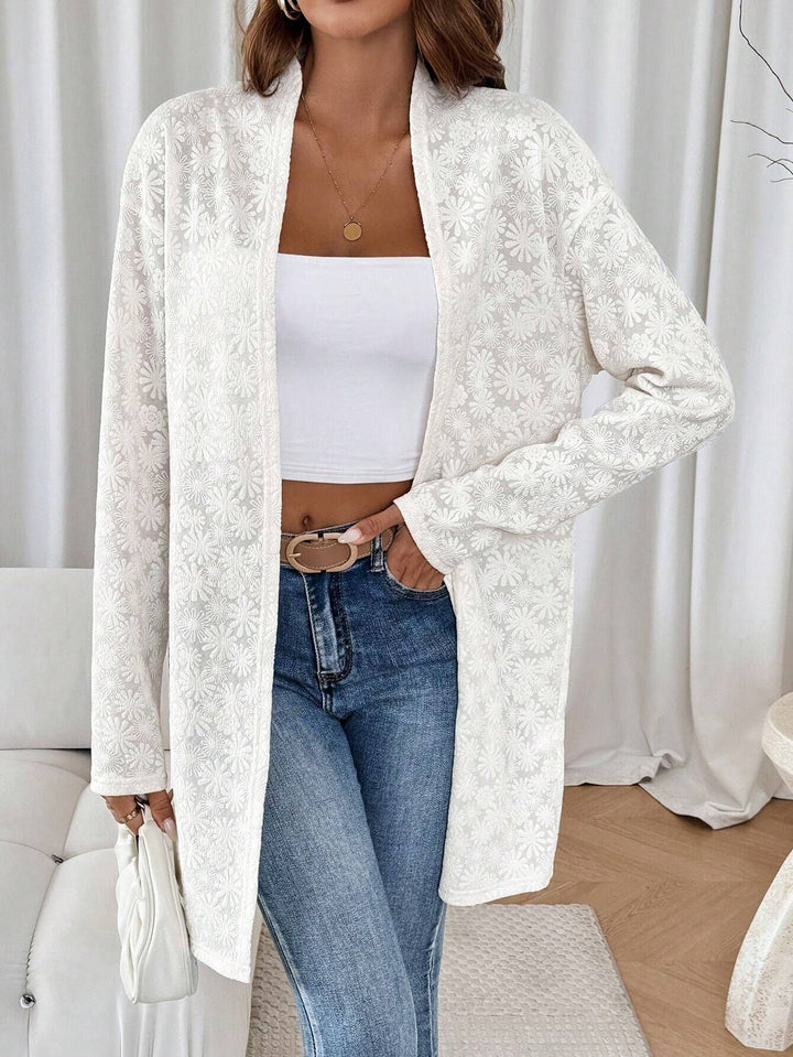 Damen nan fein bestickter Langcardigan aus semi-transparenter Spitze mit floralem Strukturrelief Echo Archiv
