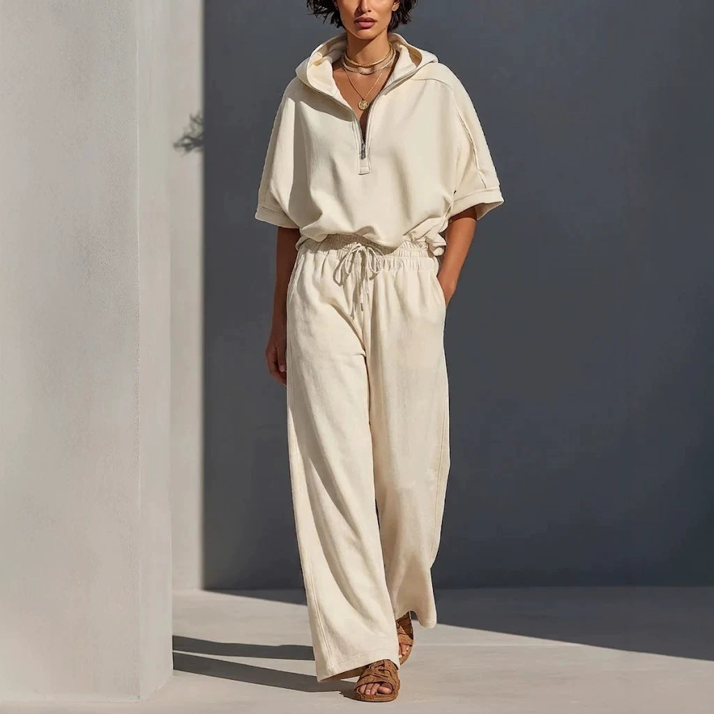Damen Lässiges Lounge-Set mit Kapuzenpullover mit halbem Reißverschluss und weiter Palazzohose Echoarchiv
