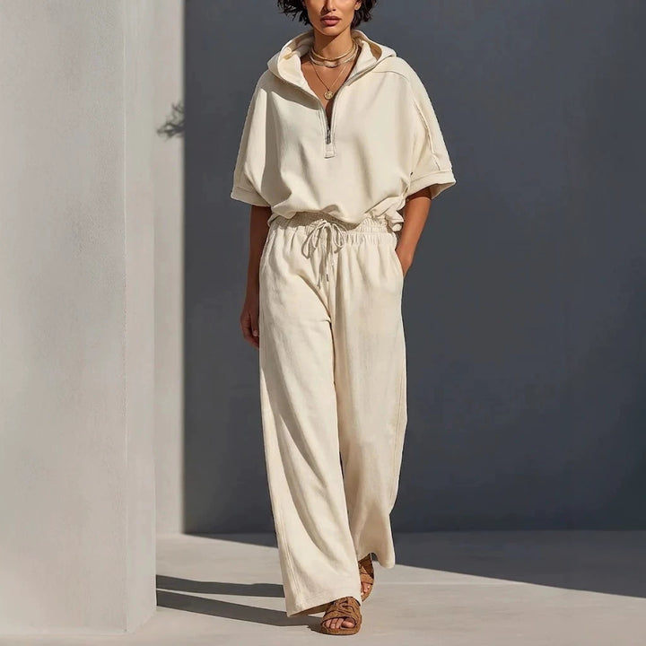 Damen Lässiges Lounge-Set mit Kapuzenpullover mit halbem Reißverschluss und weiter Palazzohose Echoarchiv