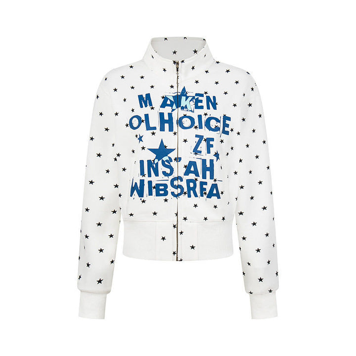 Damen Kurze Reißverschluss-Sweatjacke mit Stehkragen, Allover-Sternprint und Statement-Frontprint Echoarchiv