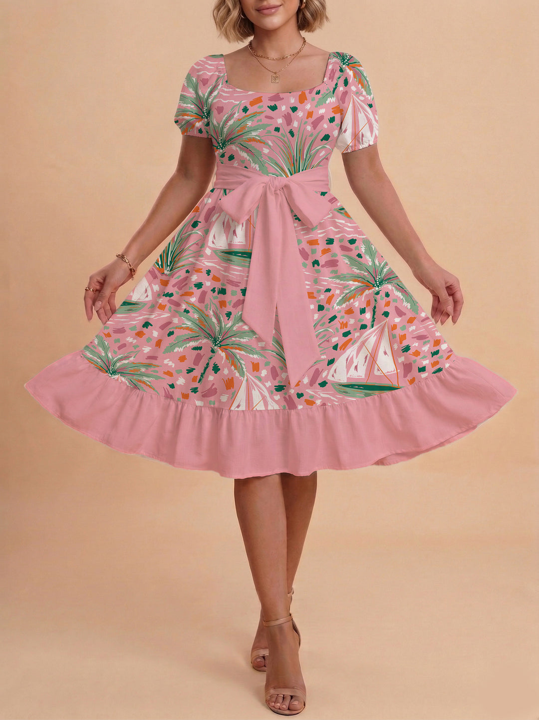 Damen Sommerliches Blumenkleid mit taillierbarem Gürtel und voluminösen Ärmeln Echo Archiv