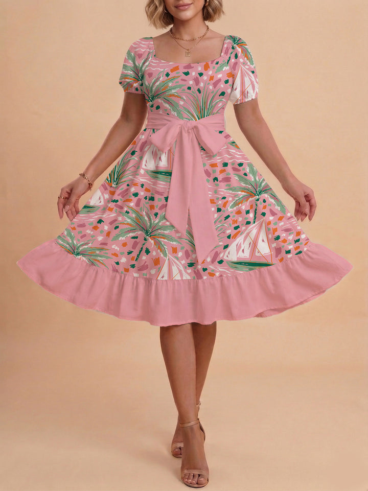 Damen Sommerliches Blumenkleid mit taillierbarem Gürtel und voluminösen Ärmeln Echo Archiv