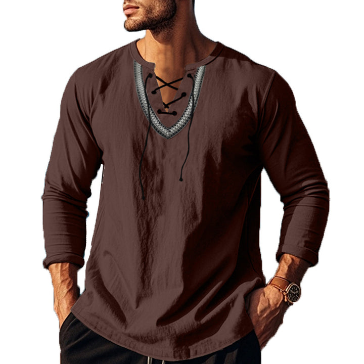 Herren Langarm-Henley-Shirt mit dekorativer Schnürung und lässigem Schnitt Echoarchiv