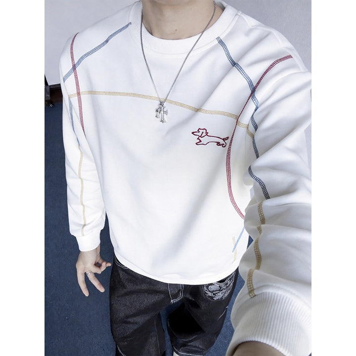 Herren Sweatshirt mit farbiger Ziernaht, gesticktem Hundemotiv und Rundhalsausschnitt Echoarchiv
