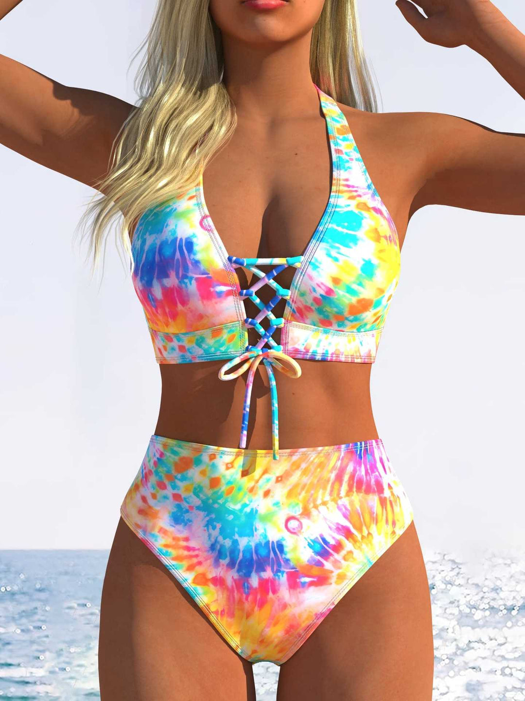 Damen Bikini-Set mit hoch tailliertem Schnitt und verspieltem Schnürdetail Echo Archiv