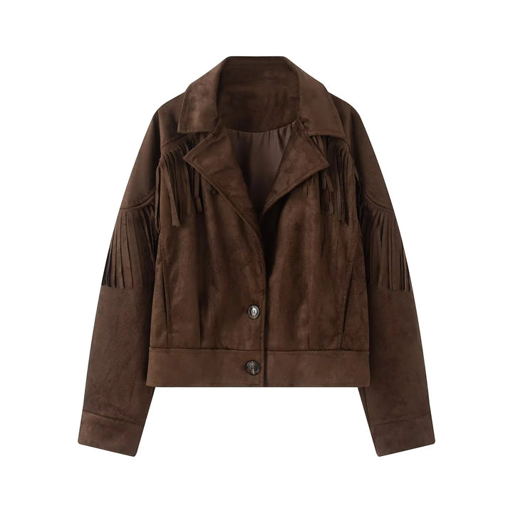 Damen nan kurze Wildlederoptik Fransenjacke mit Reverskragen und verdeckter Knopfleiste Echo Archiv