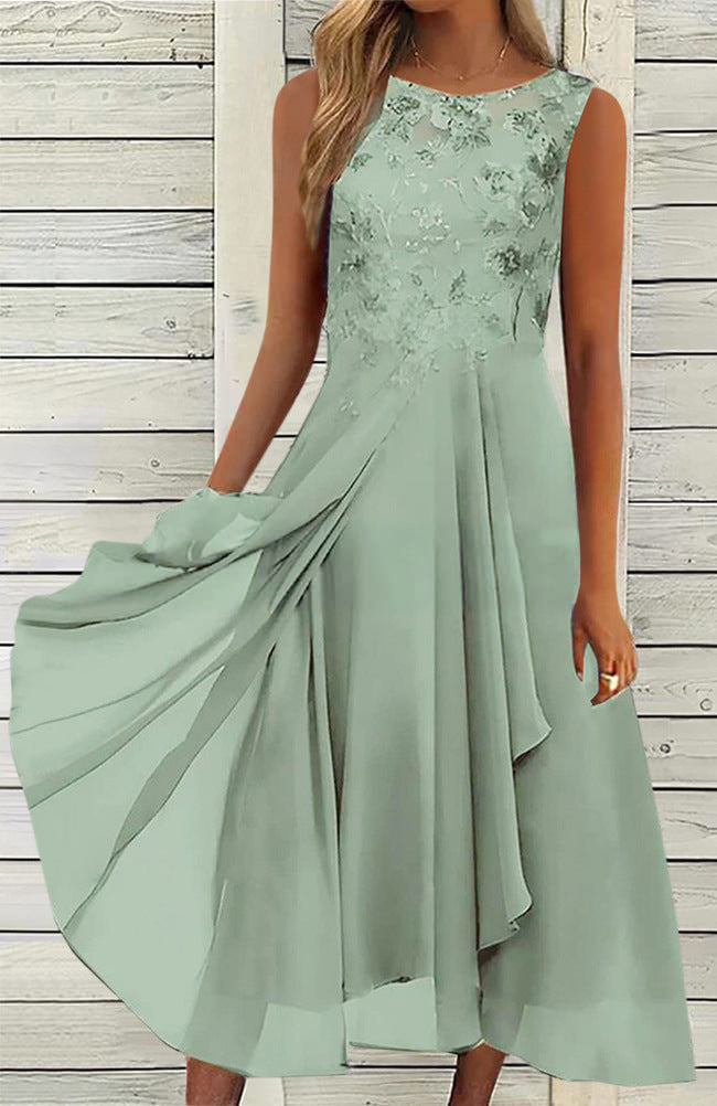 Damen nan ärmelloses Chiffon-Midikleid mit bestickter Brustpartie und asymmetrischem Lagenrock Echoarchiv