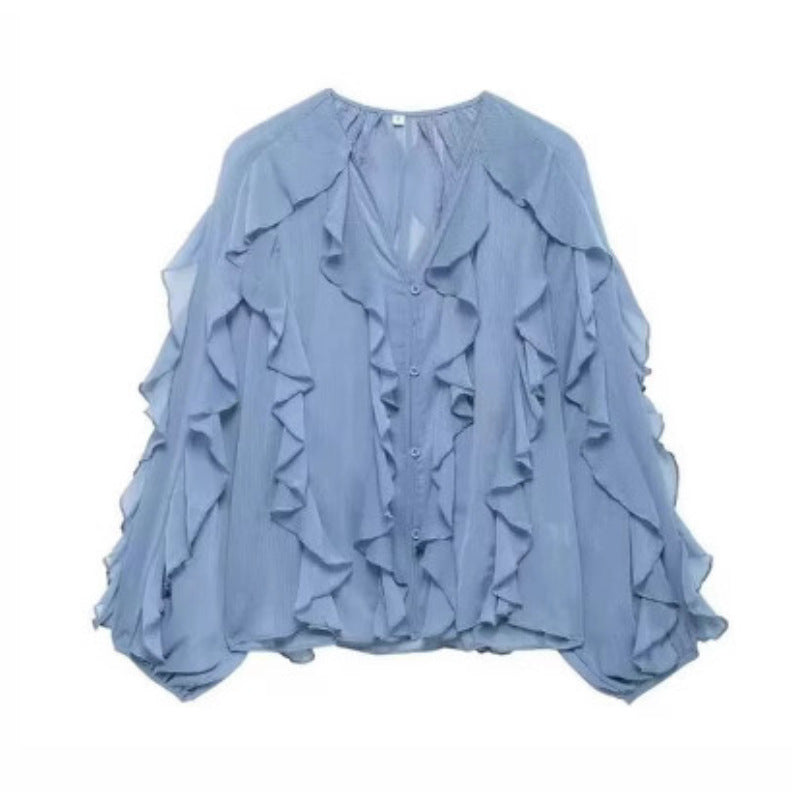 Damen nan feminine Chiffon-Volantbluse mit Ballonärmeln und V-Ausschnitt Echo Archiv