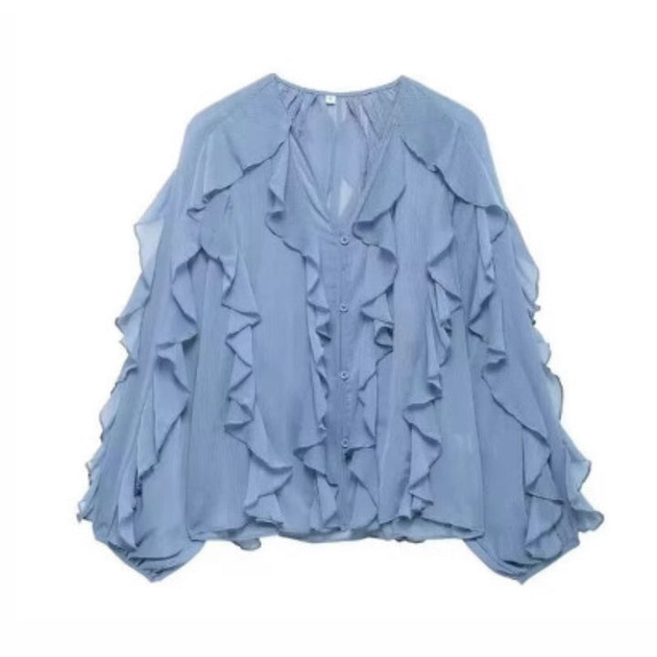 Damen nan feminine Chiffon-Volantbluse mit Ballonärmeln und V-Ausschnitt Echo Archiv