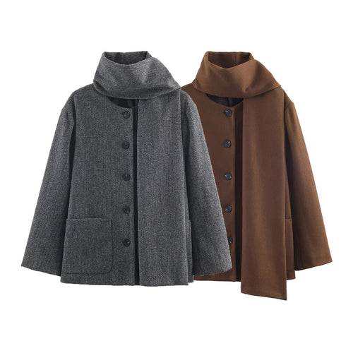 Damen boxy Wollmix-Jacke mit voluminösem Schlauchkragen und aufgesetzter Fronttasche – Célinea