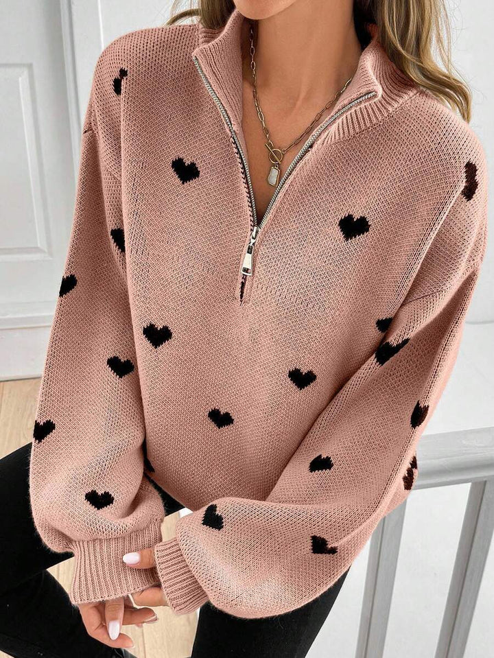 Damen Oversize Strickpullover mit Half-Zip und Herzmotiv Echoarchiv