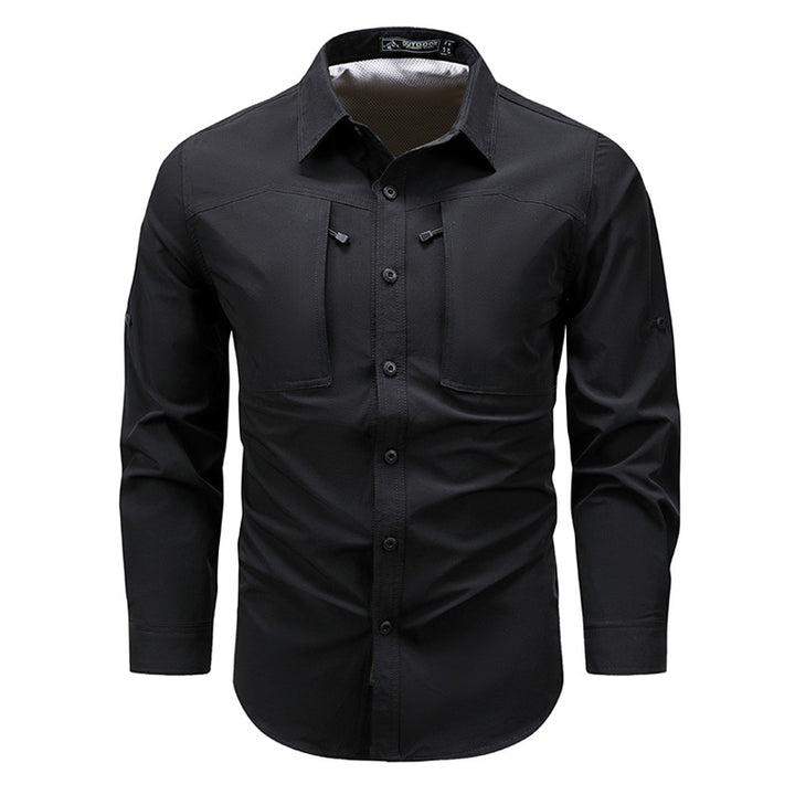 Men's technical long-sleeve outdoor utility shirt with roll-tab sleeves concealed chest pockets and breathable mesh back – Arvello
