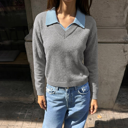 Damen Eleganter V-Ausschnitt Pullover mit Hemdkragen Echo Archiv