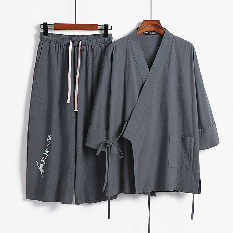 Unisex Leichtes Kimono-Loungewear-Set aus Baumwoll-Leinen mit bestickter Haremshose und Bindegürtel Echoarchiv