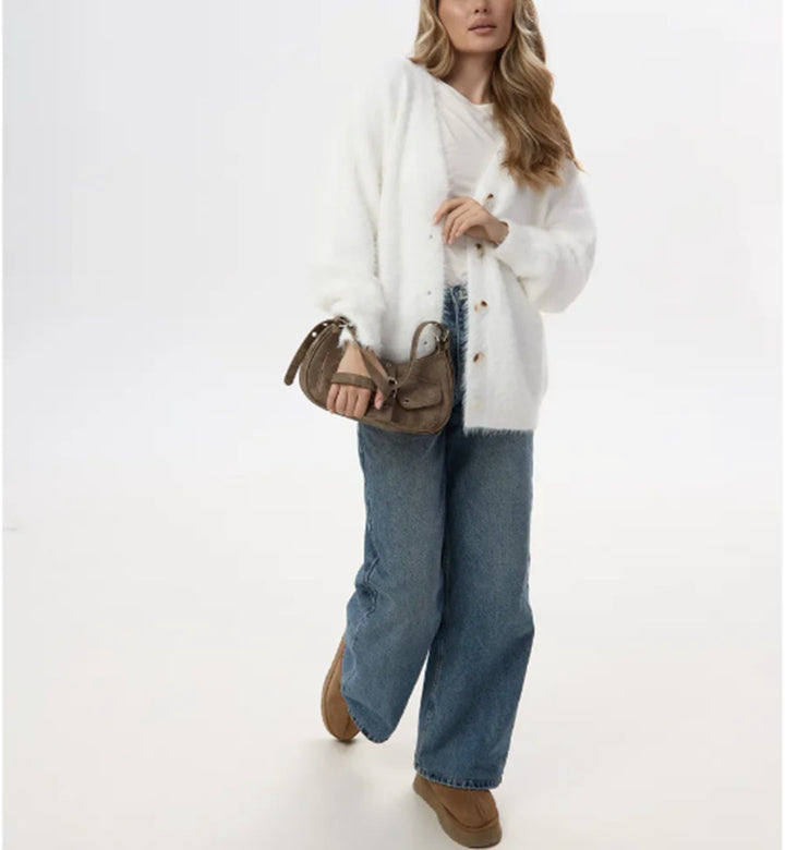 Damen Flauschiger Mohair‑Optik Knopfcardigan mit überschnittener Schulter und Perlmuttknöpfen – Veloura