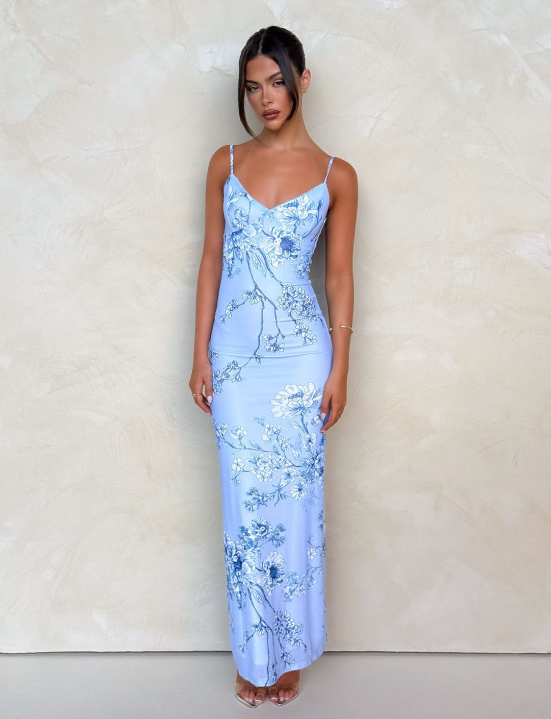 Damen nan figurbetontes Slip-Maxikleid mit Spaghettiträgern, Miedernaht und floral-barockem Digitaldruck Echo Archiv