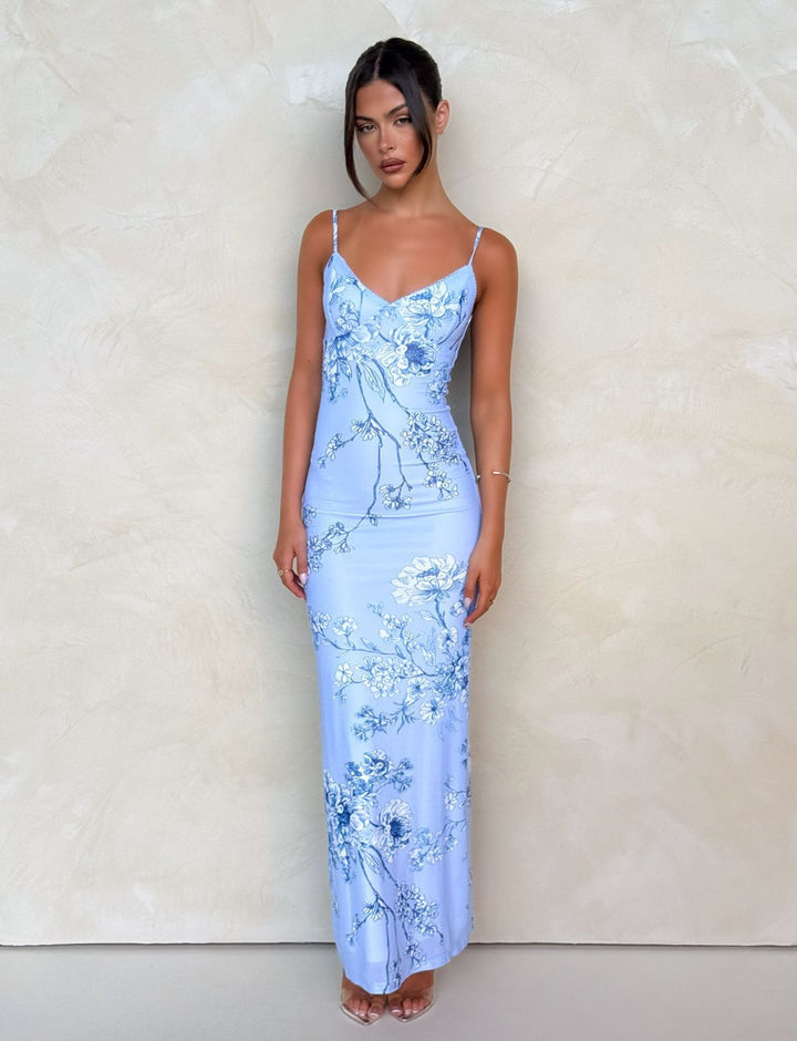 Damen nan figurbetontes Slip-Maxikleid mit Spaghettiträgern, Miedernaht und floral-barockem Digitaldruck Echo Archiv
