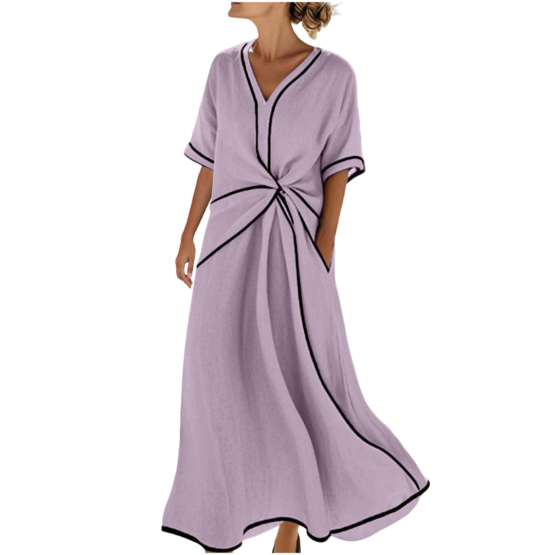Damen Langes A-Linienkleid mit V‑Ausschnitt, Knoten-Detail und Kontrastpaspel – Élara