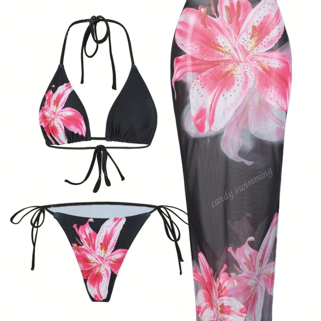 Damen Triangel-Bikini-Set mit floralen Mustern und transparentem Maxirock Echo Archiv