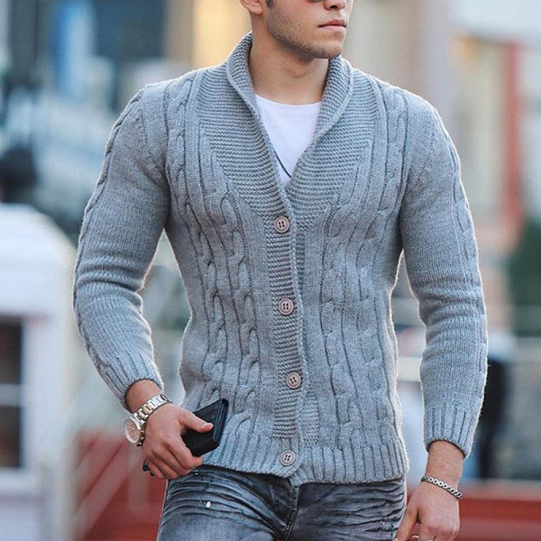 Herren Strickjacke mit einzigartigem Zopfmuster und modischem Schalkragen Echoarchiv
