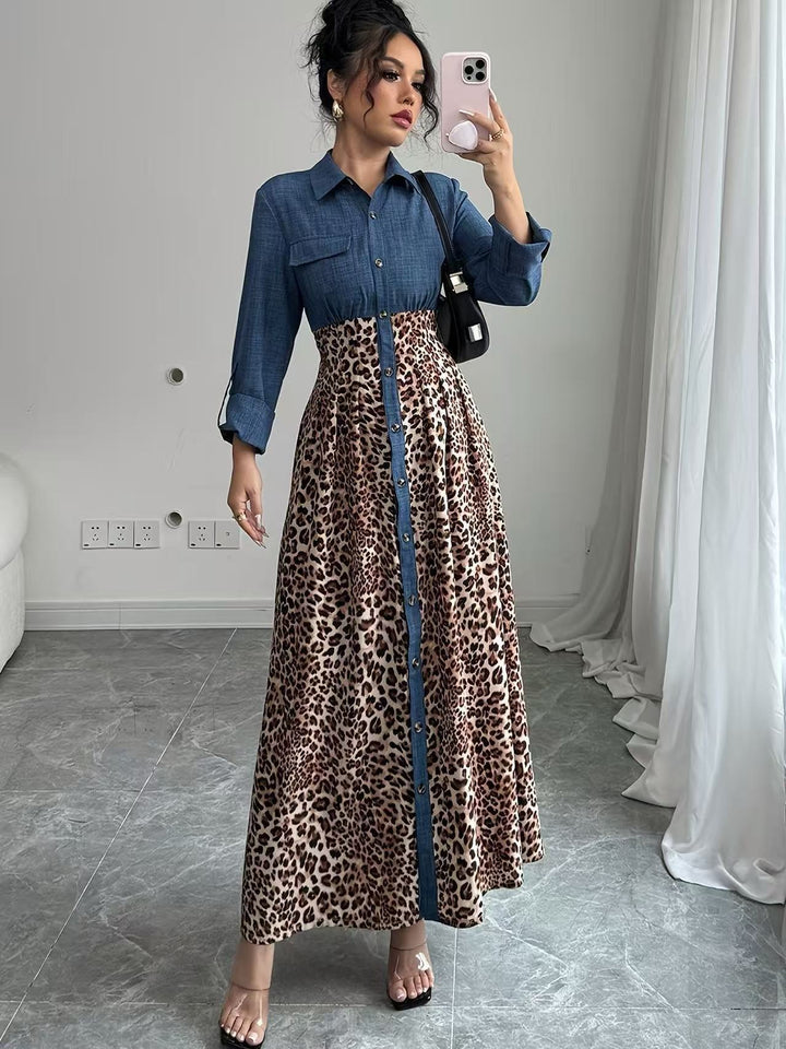 Damen Hemdblusenkleid mit Jeansoberteil und Leoparden-Maxirock – Élovi