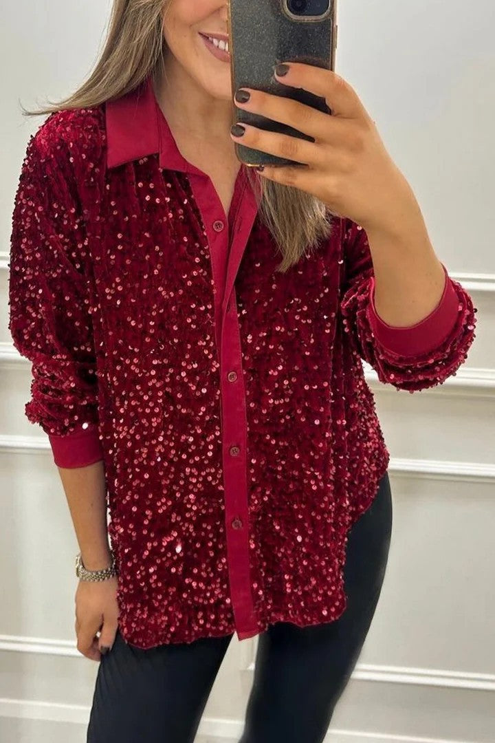 Damen Glitzernde Bluse aus Pailletten mit klassischem Kragen Echoarchiv