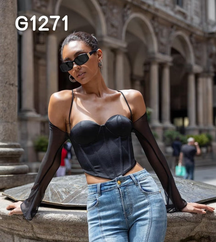 Damen Elegante Corsage-Bluse mit transparenten Ärmeln Echo Archiv