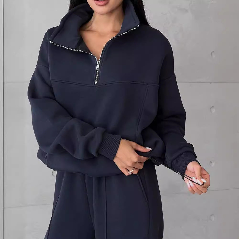 Damen Weiches Oversized Lounge-Set mit Troyer-Kragen, Eingrifftaschen und schmeichelhafter High-Waist Hose Echoarchiv