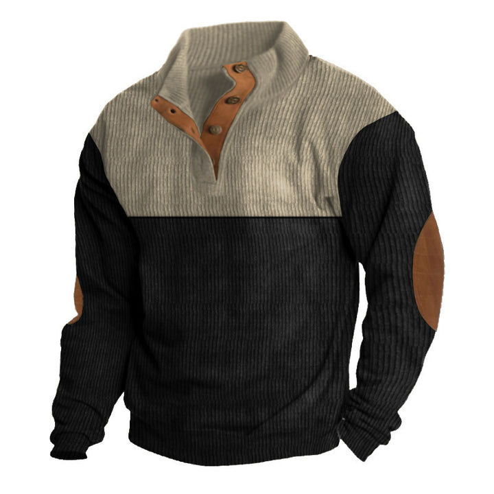 Herren nan gerippter Pullover mit Stehkragen, Knopfleiste und Ellbogen-Patches Echo Archiv