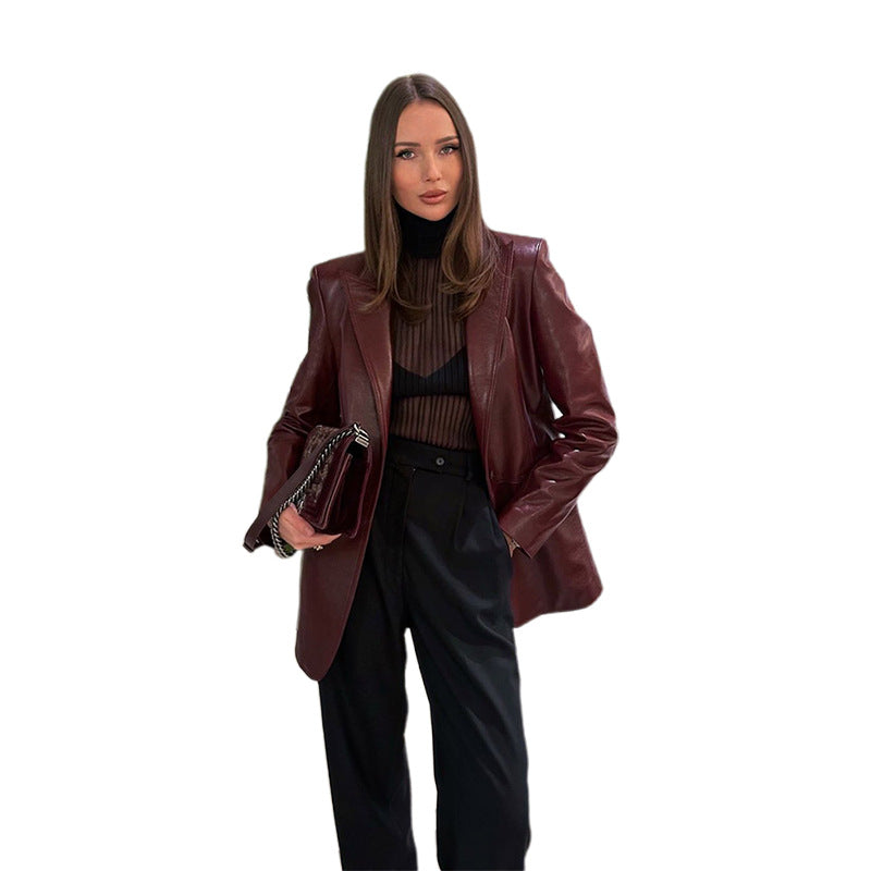 Damen Glattleder-Blazer mit strukturierter Schulterpartie und verlängertem Schnitt Echoarchiv