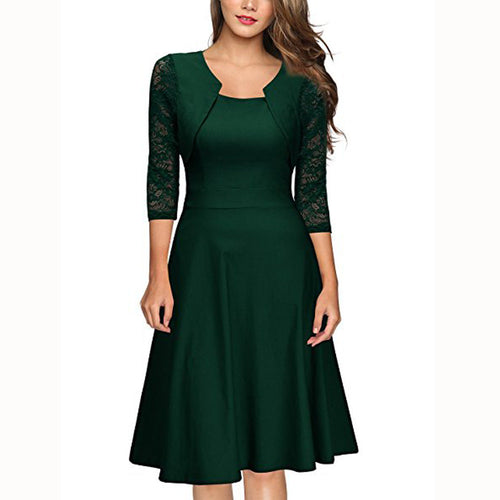 Damen Midi-Kleid mit Spitzenärmeln und schwingendem Rock Echoarchiv