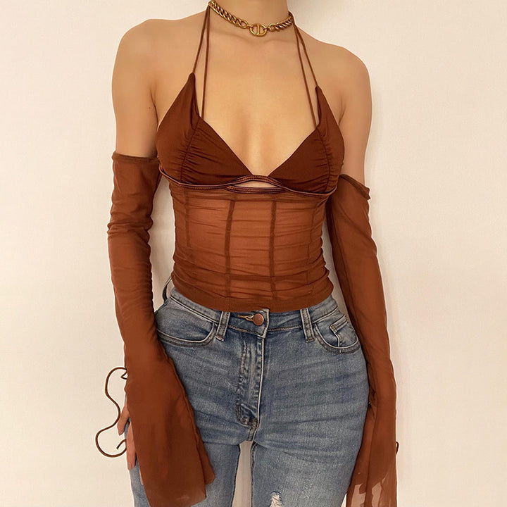Damen Crop-Top mit transparentem Design und raffinierten Rüschenärmeln Echo Archiv