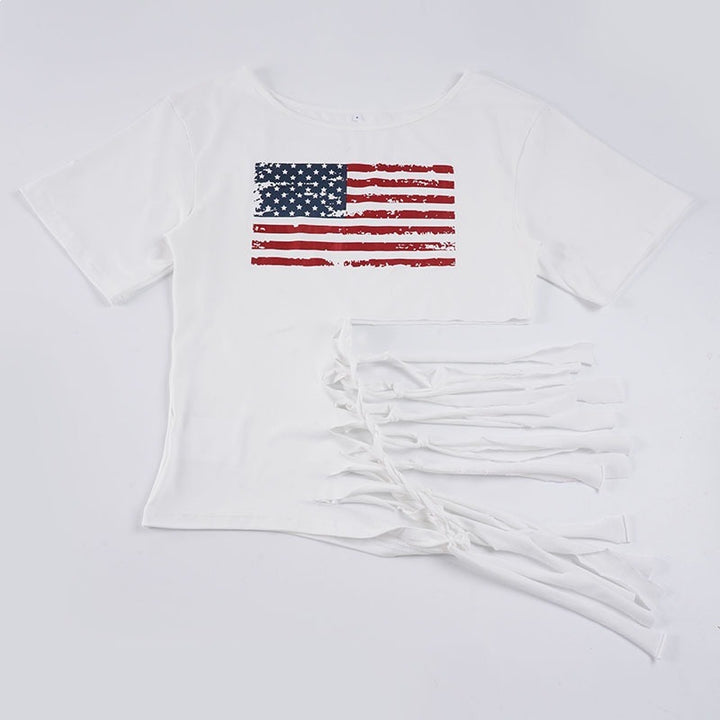 Damen Crop-Top mit Flaggenmotiv und raffinierten Fransen Echo Archiv