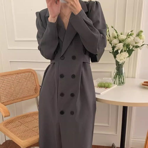 Damen Tailliertes Doppelreihiges Blazerkleid mit Puffärmeln und verlängertem Revers Echoarchiv