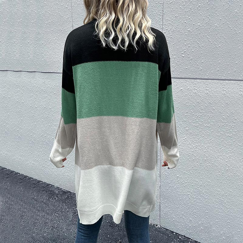 Damen Longline Strickcardigan mit Farbblockmuster, offener Front und lässiger Oversize‑Passform Echoarchiv
