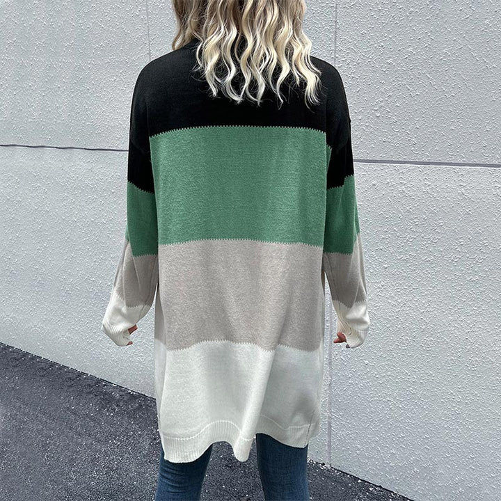 Damen Longline Strickcardigan mit Farbblockmuster, offener Front und lässiger Oversize‑Passform Echoarchiv