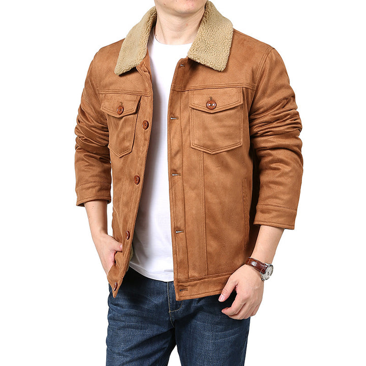 Herren Velourslederoptik Hemdjacke im Trucker‑Stil mit Teddykragen & Pattentaschen Echoarchiv