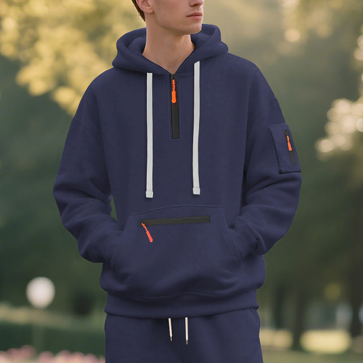 Herren Oversize-Kapuzenpullover mit halbem Reißverschluss, Kängurutasche mit Reißverschluss und Ärmel-Pocket Echoarchiv